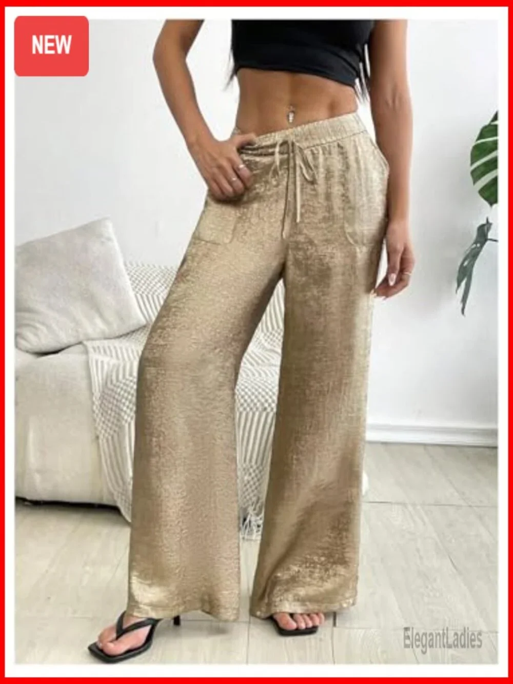 Low Rise Wide Leg Palazzo Pants Elastic Waist Drawstring Casual Trousers - Picture 2 of 5